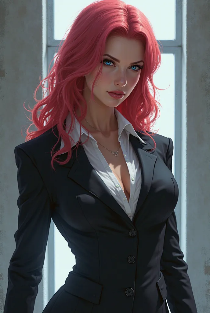 The reddish-pink long-haired woman wears a sharp-faced suit, half blue eyes, a nice figure with a bit of muscle.