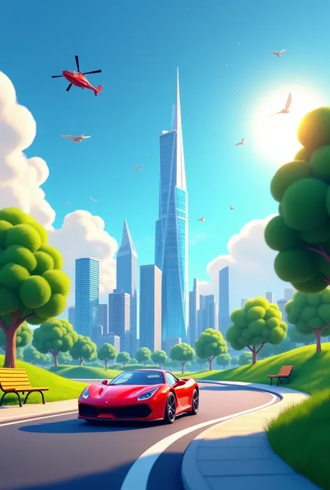 A vibrant, stylized cityscape in Pixar-style with a curved horizon. The scene features a futuristic skyline with a tall, glass skyscraper that has a geometric pattern, surrounded by modern low-rise office buildings with blue and white exteriors. A bright s...