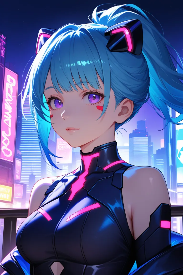 Cyber city girl turned backwards looking at blue dark star filled sky