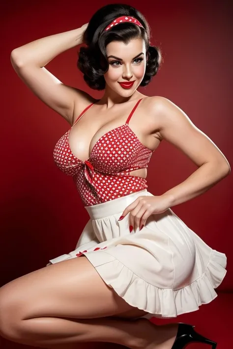 Photo of a girl, realistically depicting a 25-year-old woman as sexy and slender. She has black hair, bob haircut with victory rolls, creating a mysterious and sexy image. Model dressed in pin-up style with hair styled "victory rolls". Her gorgeous red lip...