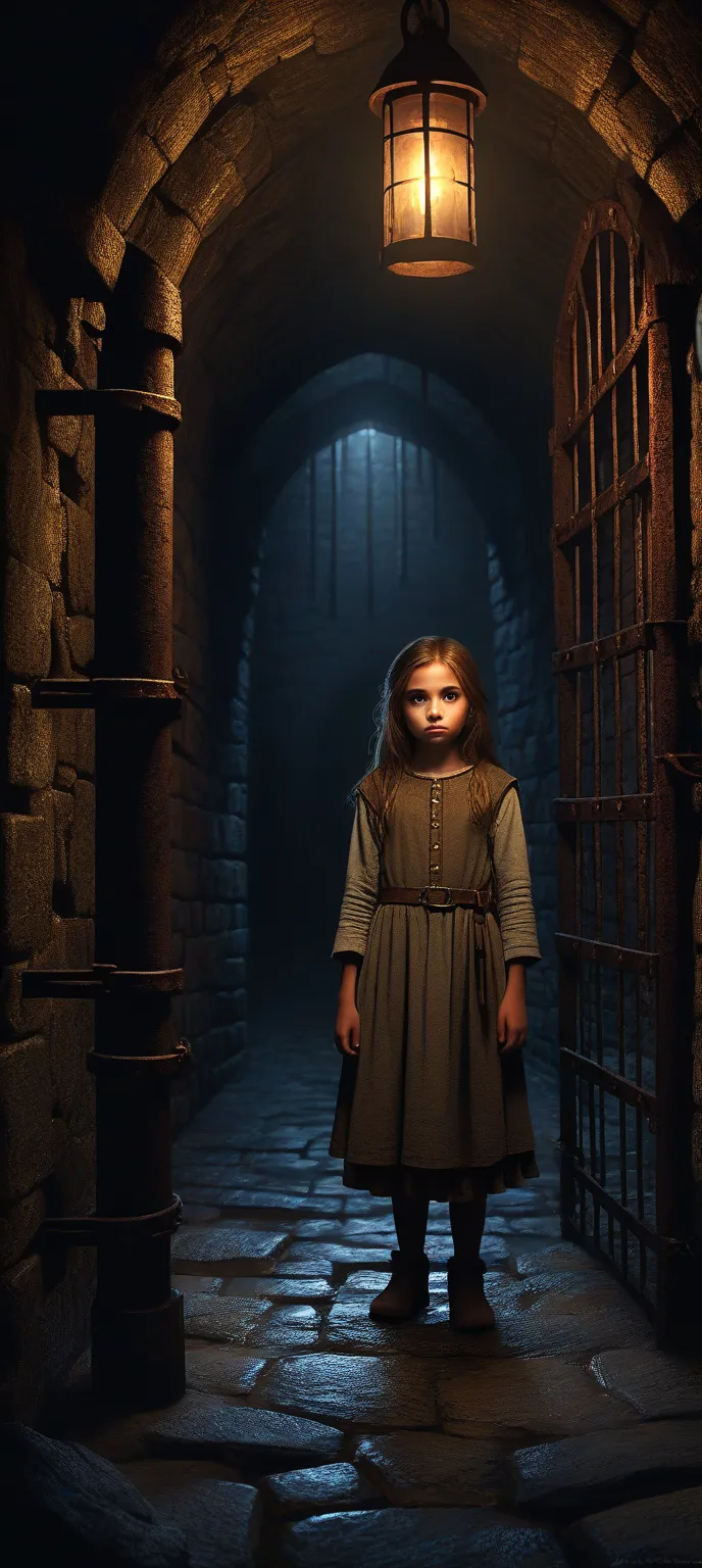 Cute medieval little young   girl in a dungeon 