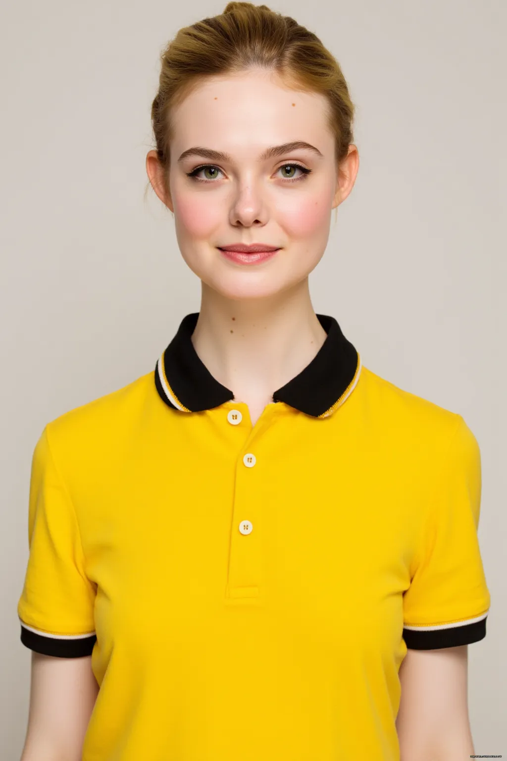 europian woman, standing and proud of himself, confident pose, beautiful face, yellow polo t-shirt black sleeves black short sleeves black collar, 1 girl, Solo, High Quality, smile girl, black collars on t-shirt, empty neck, clear neck, bare neck, with a w...