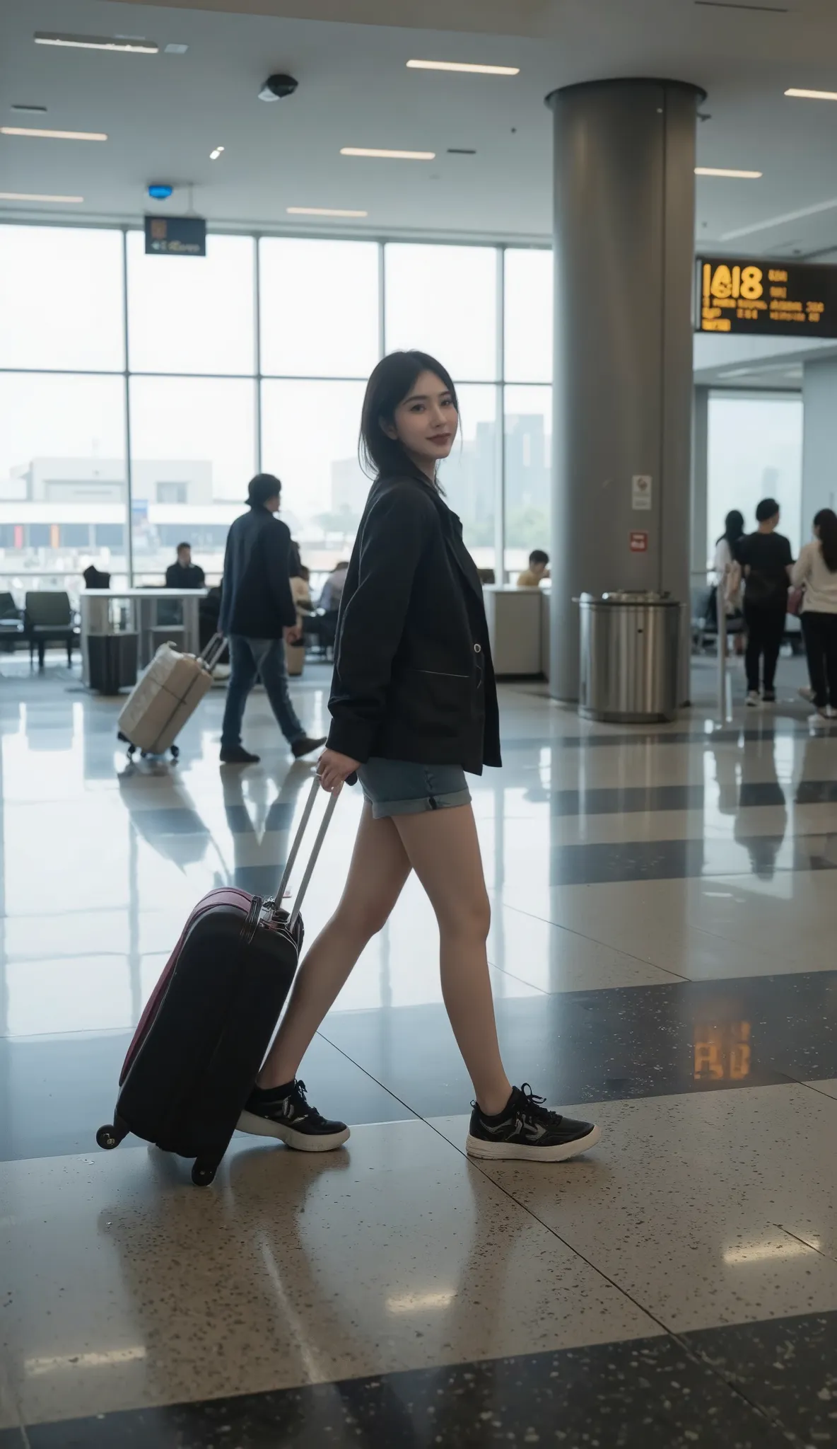 a middle profile shot of a Japanese girl happily pulling luggage on back , Unwilling to look at the camera, (smiling:1.5), and walking in a grand airport terminal, movie grading,   color code 3e62ad casual wear, lively, dramatic, ( Movie light , depth of f...