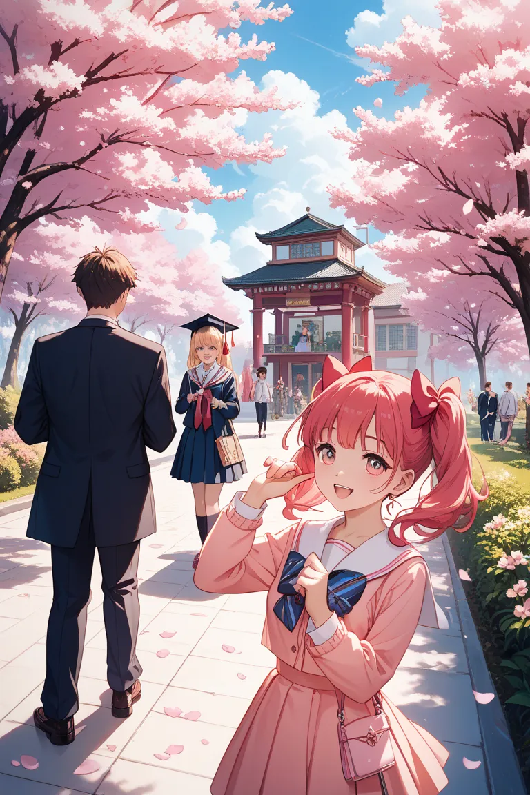 Graduation Ceremony　high school girl　High school boy　Cherry blossom trees　 anime