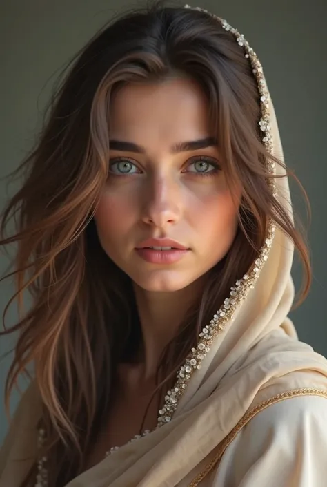 A woman, 27, Arab, brown hair, blue eyes, tanned skin, wearing a scarf, realistic, portrait, hd 