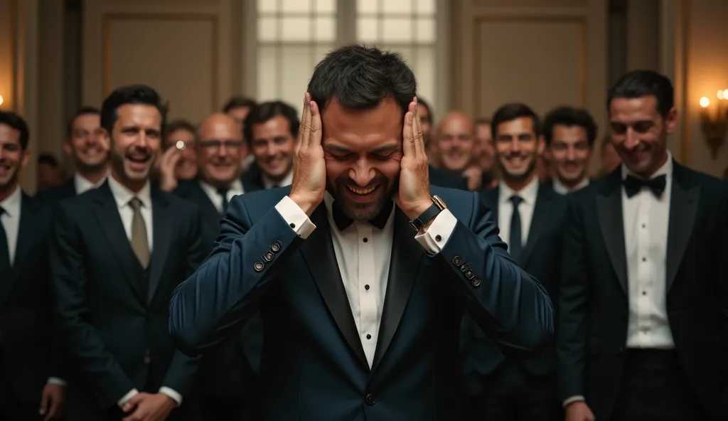 a group of people laughing at a man in formal dress and the man covers his ears with his hands and closed his eyes and keep his head down while stand in the middle of those people ultra realistic, cinematic, 4k front shot