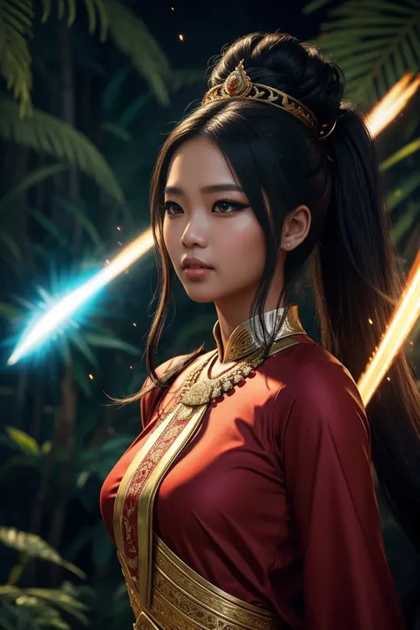 create a hyper realistic photo a beautiful indonesian woman as a hero in dynasty kingdom of majapahit, wearing small gold neklace like a queen, wearing red kemben ,long black hair with bun, doing floating meditation, energy bursts from around of her body, ...