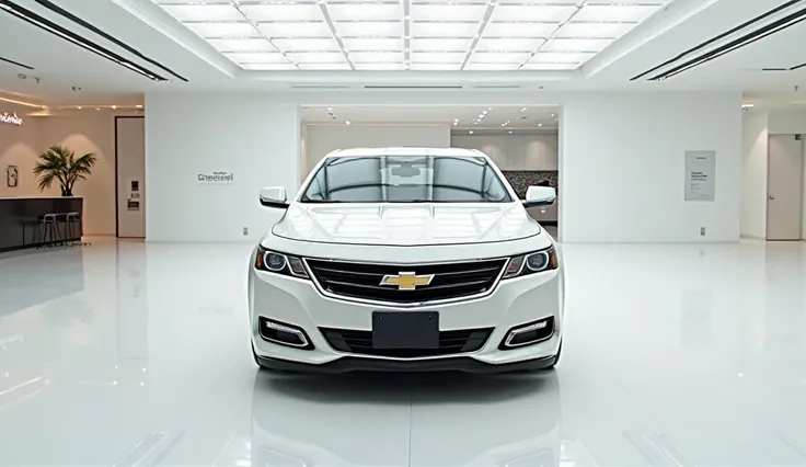 Front  view of painted (Gleamy creamy white   ) shiny  white clour  New ( 2025 chevrolet Impala SS in large shape sedan in large size with  chevrolet Impala SS large detailed grille in shiny white clour with angular sporty design captured from close full f...