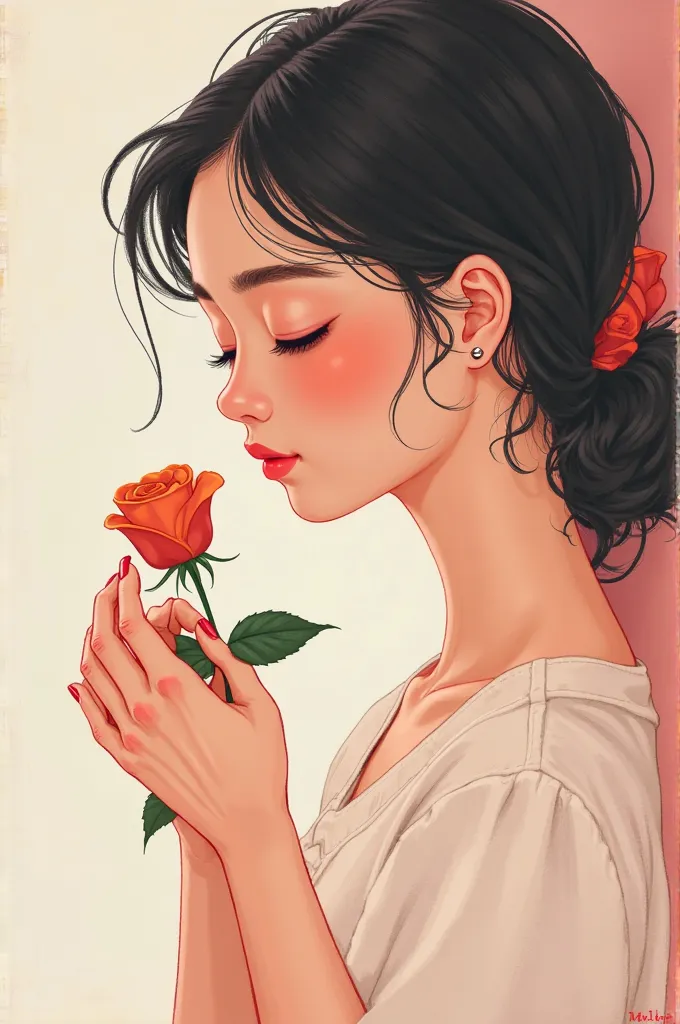  young woman, in profile, close up, With rose in my hands,  your eyes are closed, SWEET EXPRESSION,  cartoon , 3D, minimalist