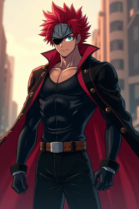 create an anime screen shot. My Hero Academia, a young man with great muscles,  long red hair , Blue eyes My Hero Academia , . Mouth and nose are obscured by an iron cap,,  he's wearing a tight black shirt , Shoulder rest, , chest and black painted titaniu...