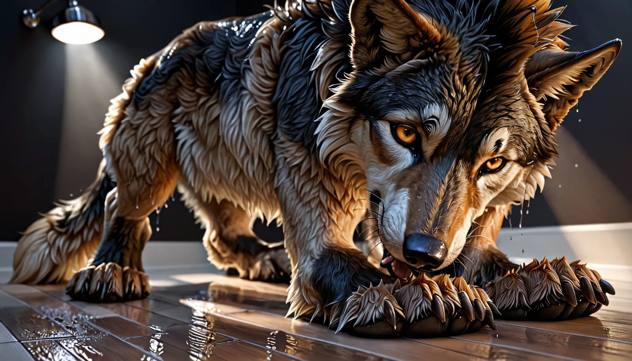 Wild Wolf, wet, take shower, on fours, human transformation into wolf, human skin:1.3, transformation, fur, paw, hand, head, thick toes, forefeet:1.3, feet, grey claws, fur, detailed fur, animal toes, vein, barefoot, sharp focus, simple background, white f...