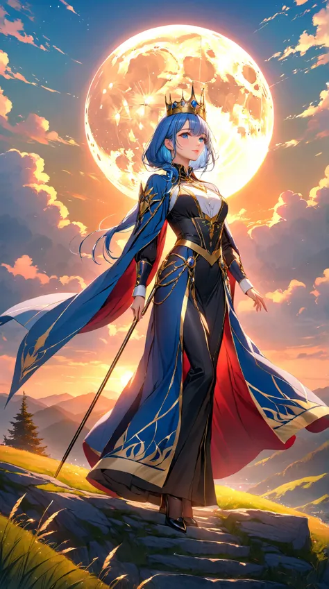 「 4K Anime-Style Image ， Digital Drawing Mode ，A quiet and elegant practitioner，With long sky-blue hair，Gentle blue eyes，wearing a tight-fitting flag robe with gorgeous gold and a cloud pattern，standing at the top of the hill of Duke Wencastle in the moonl...