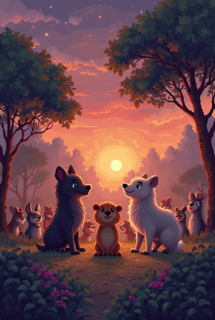 A charming twilight scene where Iram, Golu, and other animals are gathered together in celebration, exuding warmth and unity; 3D pixel art style: Cinematic Pixel Art with dramatic shadows and rich warm tones, highlighting the final message of unity and fri...