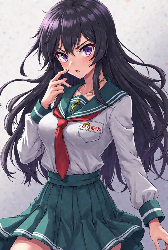 A girl from My Hero Academia long hair color of black purple and white hair gray and purple eyes serious and angry personality a UA uniform a red tie a white blouse blue and green skirt like the anime of My Hero Academia 