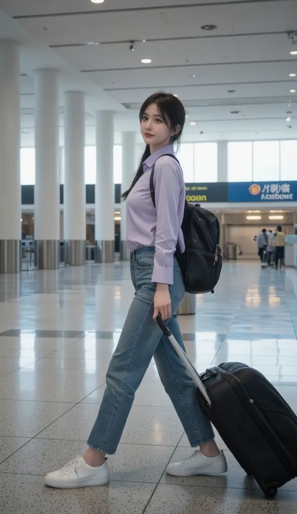 a middle profile shot of a Japanese girl happily pulling luggage on back , Unwilling to look at the camera, (smiling:1.5), and walking in a grand airport terminal, movie grading,   color code pale purple and blue casual wear, lively, dramatic, ( Movie ligh...