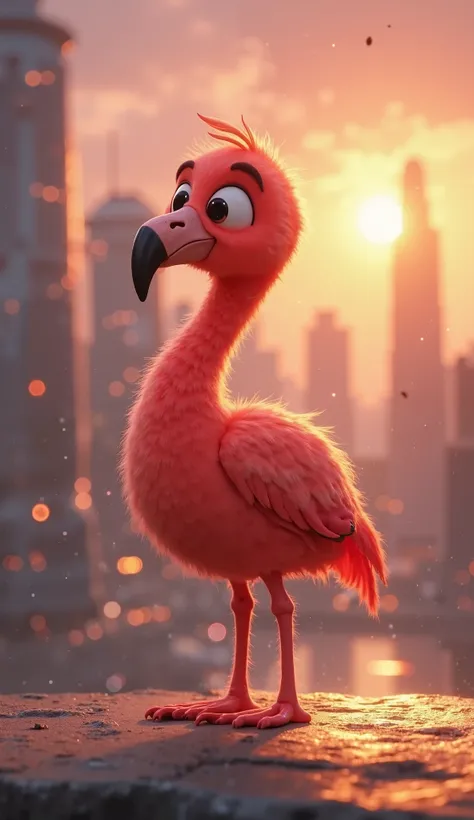 A cute, chubby, and fluffy animated flamingo creature standing . Theflamingo has round red eyes, a small red nose, tiny paws, and a slightly surprised or curious expression. Its fur is smooth and velvety, with a warm, earthy color. The flamingo stands on o...