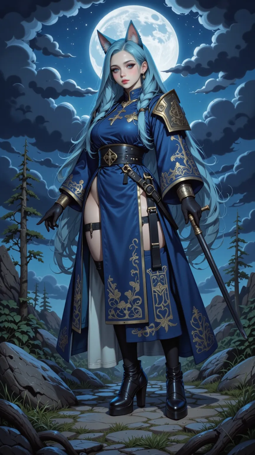 「 4K Anime-Style Image ， Digital Drawing Mode ，A quiet and elegant practitioner，with long sky-blue hair，Gentle blue eyes，wearing a tight-fitting robe flag with a gorgeous gold and cloud pattern，standing at the top of the hill of Duke Wencastle under the mo...