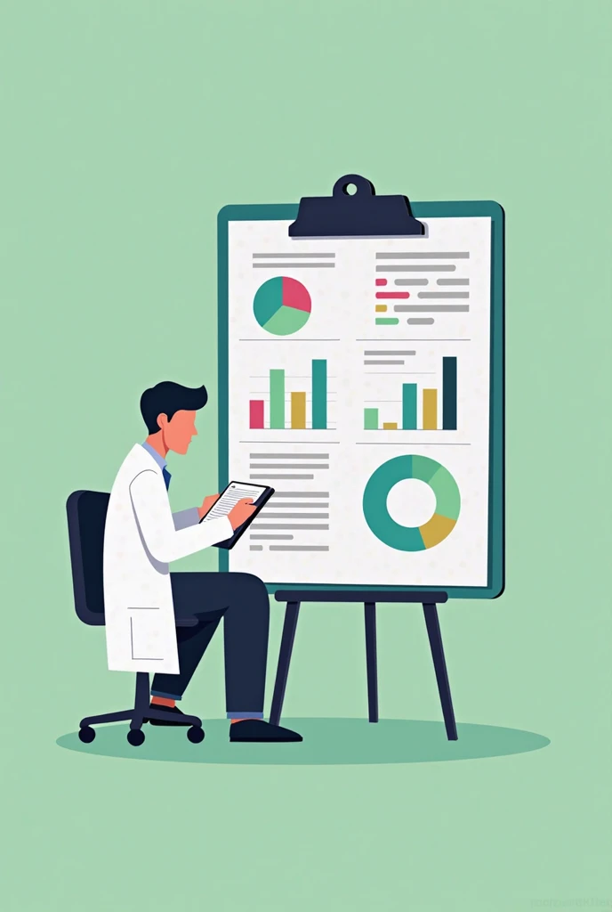 illustration of a man wearing a white coat, sitting on a chair while taking notes on the clipboard. In front of it is a large clipboard-shaped board displaying various graphs, pie chart, and visual data illustrating analysis and planning in the field of he...