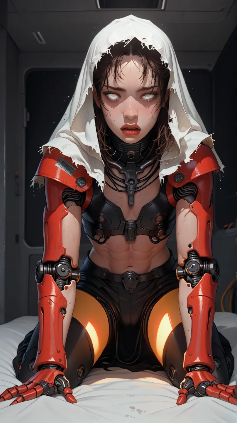 deactivated , no life , broken , damaged android , in full armor and helmet , top quality, 8k, masterpiece : 1.3)), Beauty, 1 girl, big: 1.3, slim abs: 1.1, Has a lot of dark brown hair , random sexy disheveled hair, ( lies in bed , Legs raised and open : ...