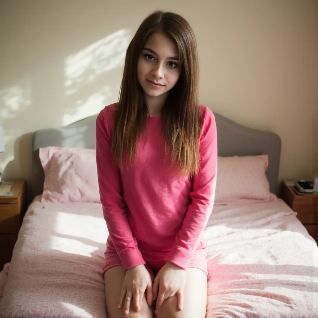 woman kneels on bed. Does a pink top wear. On which is Fanvue style photorealistic,  sharp focus, very detailed, sunlight, Detail,  full body