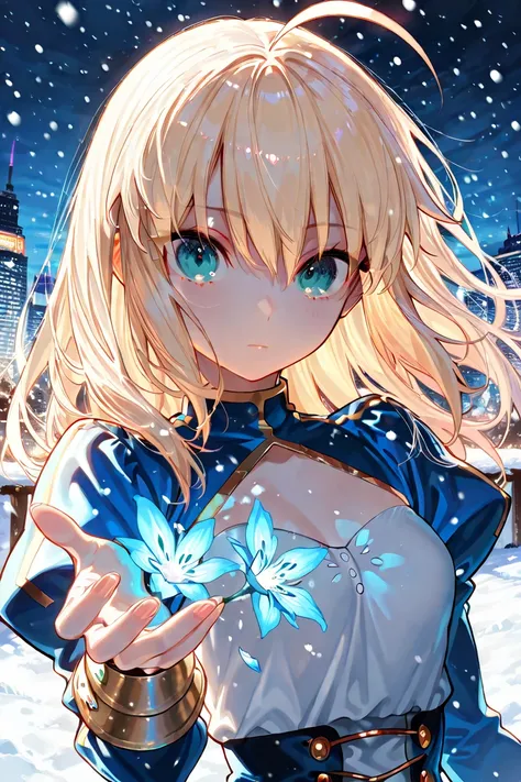 masterpiece,amazing quality,best quality,ultra-detailed,8k,illustration,CG,　 1girl , Please tell me about 1 beautiful girl ,Saber by Fate, expressionless, pattern  , Snow is falling, night city,muffler, gloves, beautiful illuminations , light blue diffused...