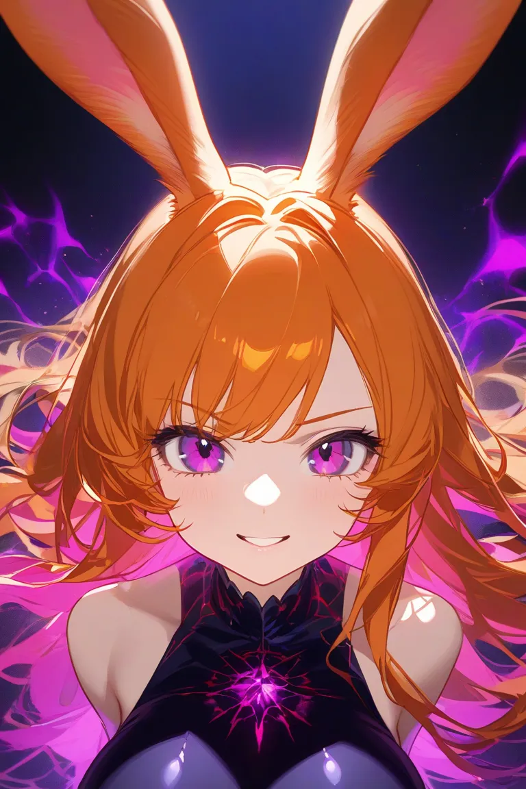 Darkness attribute ,  Dark Energy , Dark Aura, orange hair, long hair, Black and Purple dress, rabbit woman, magenta eyes, rabbit ears big boobs, pretty, cool, cute, beautiful, tall, light smile, Look at me up close, animation