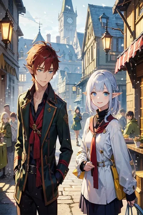 oil painting, like the cover of a game、background（ christmas、Medieval Streetscapes 、 it's snowing、Date Scene、illumination、Blue and yellow contrast ）、female character（pointed ears、Elf、 blue eyes、ラフなclothing、long lashes,smile、Mr.々 expression）、Hairstyle（ Rinw...