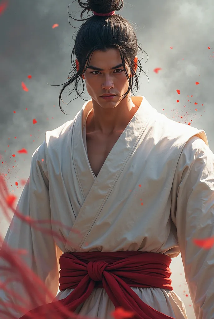 a close up of a person in a white robe with a red belt, hero character, heroic figure, hero character art, hero prop, hero pose, heroic fighter, heroengine, hero from dota 2, xianxia hero, hero action pose, detailed bushido form smoke, heroic pose, confide...