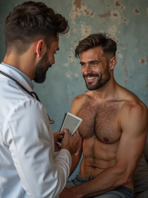 medico handsome con bata blanca examinando a un hombre desnudo sentado en una camilla,  brown, hunk, bulge, big penis,  smiling, handsome, sexy,  Good body, hairy, hairy chest, perfect body,  image,  Realistic