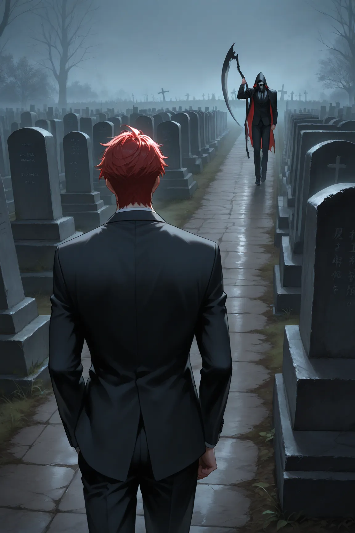  manga , red hair ,male,handsome, graveyard,sound effect,is tall,Grim Reaper&#39;s Scythe,Black Suit, black suit