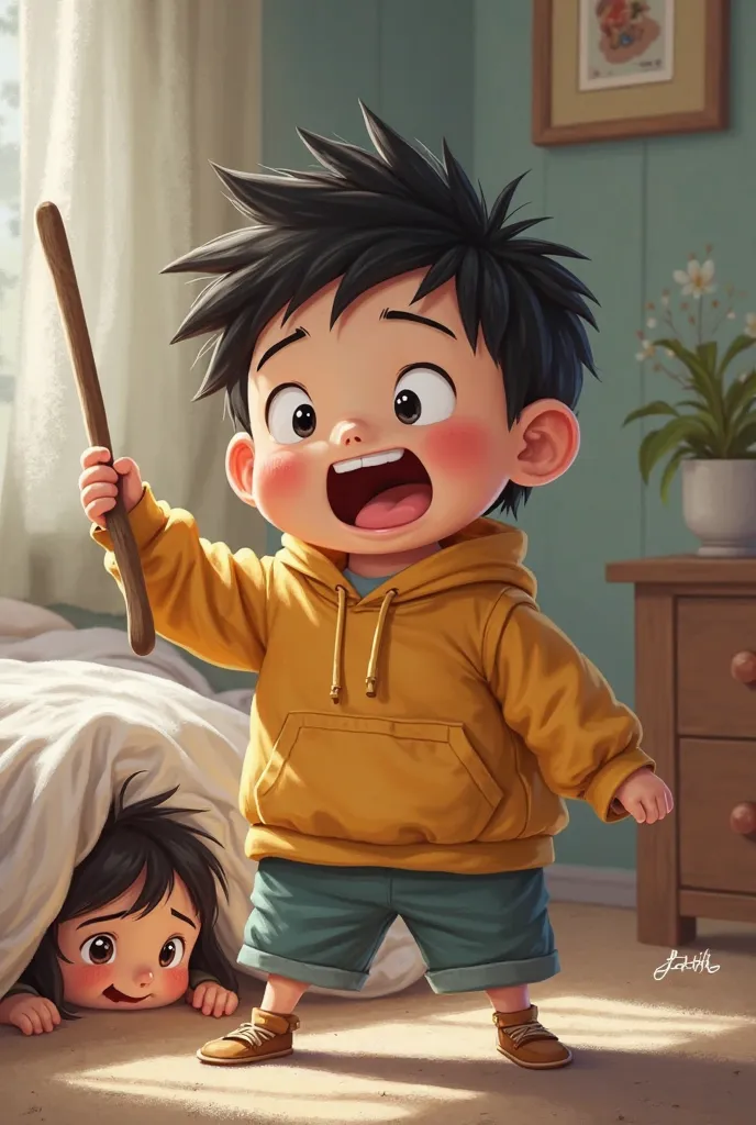 Draw me a picture , chubby asian boy standing in front of a bed with stick in hand, his big sister is hiding under the bed