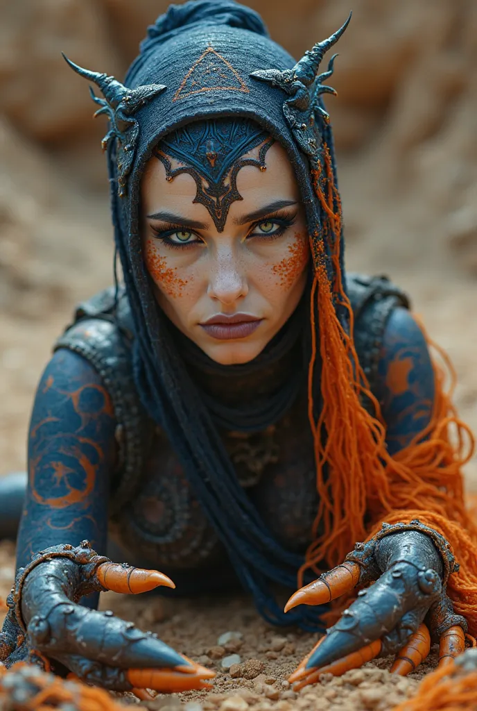  Beautiful Real Looking Woman a Demonic Scorpio Queen,  her face pale , Gothic make up,  long thick Eyelashes, Kissable Blue Mouth, Orange eye Shadow, Black Scorpio Skin Covering her Body and the  top of her Head , from Waist down Scorpio Body with poisoni...