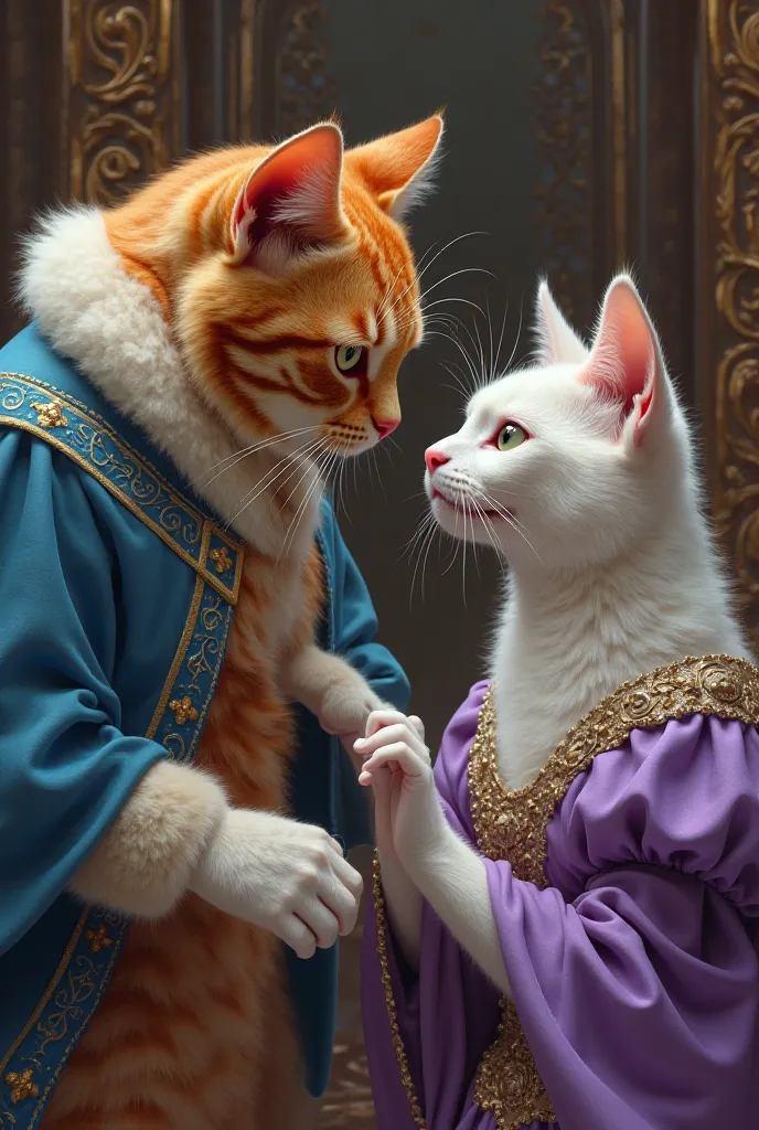  Orange king male cat wearing blue silk goun  khusbsurat white queen cat wearing purple silk dress ko dant raha hai zor zor sy and queen ro rahi hai