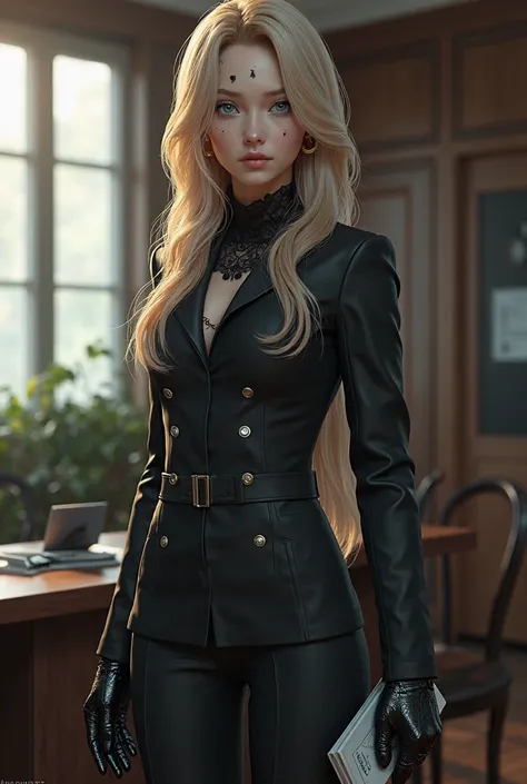 Game CG风格，A young and beautiful female secretary of Alchemy Cyborg,Japanese people，22 years old，long blond hair，blue glowing eyes，Wearing a custom black slim suit，Showcasing sophistication、 elegant temperament 。She wears stylish camouflage leather high boo...