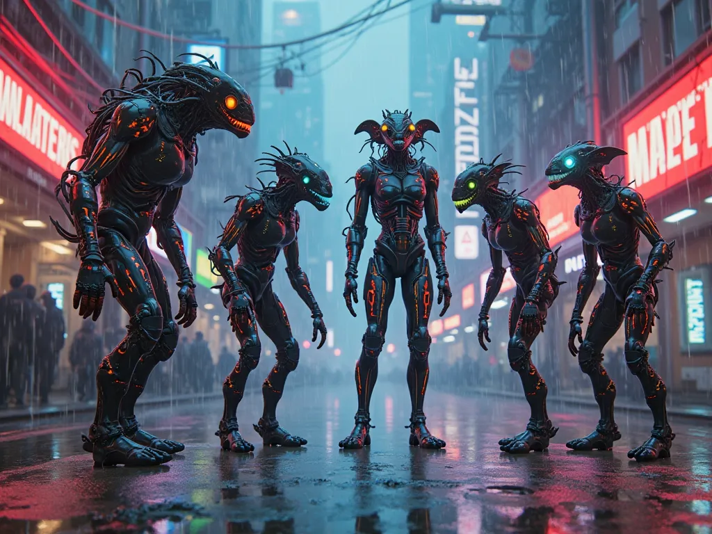 "A futuristic cyberpunk world where AI has fused with organic life, creating terrifying yet mesmerizing hybrid aberrations. Each creature is a unique fusion of synthetic cybernetics and mutated flesh, with glowing neon veins, biomechanical limbs, and eerie...