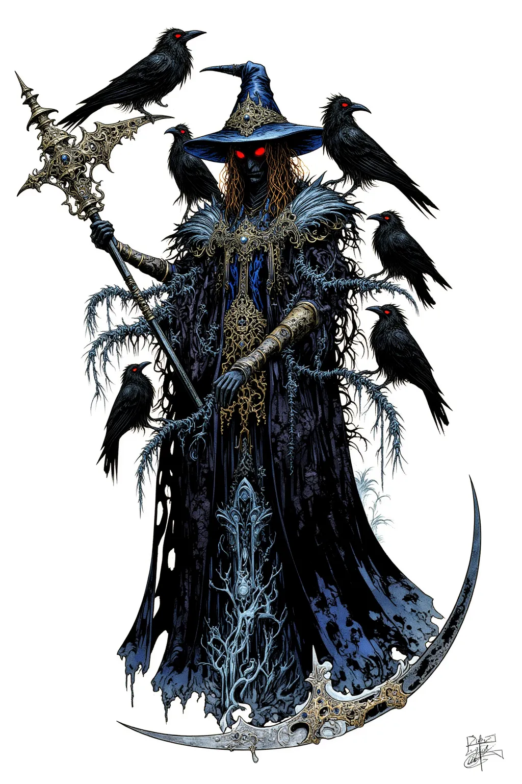 Draw many crows over her head,painting of a witch with a large scythe, crows as symbols of evil, Not real, Four arms,大きな鎌を持つThe Queen of Witches  ,Her face is painted black、Only the eyes are red,The Queen of Witches  , dark fantasy character design,Horribl...