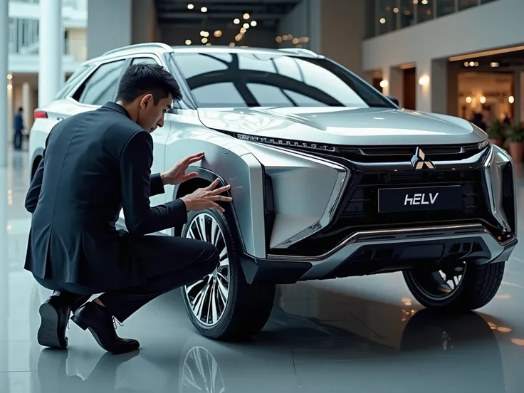 A medium shot captures an Asian man from behind as he closely touches the front left wheel of the All-New Mitsubishi XFORCE HEV. The car is showcased beautifully at a 45-degree angle inside the hall.