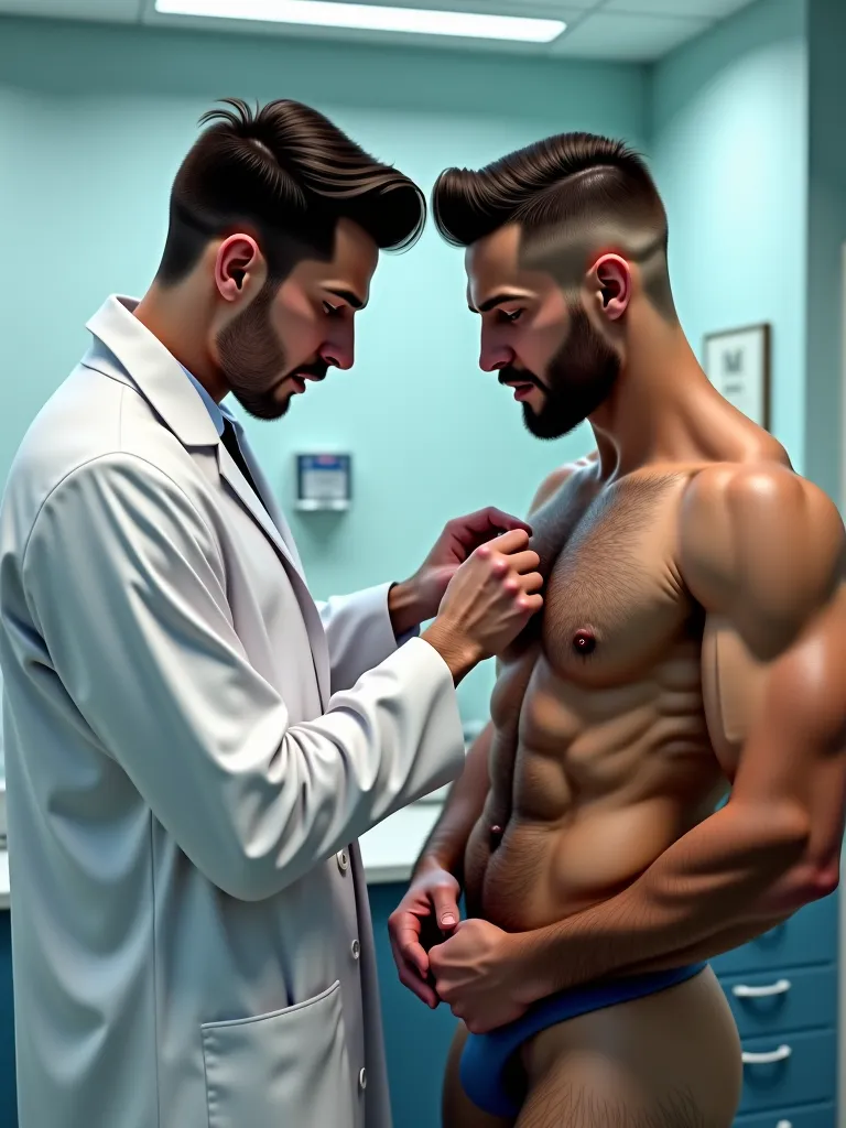 medico handsome con bata blanca examinando el culo a un hombre desnudo, hunk, bulge, big penis, handsome, sexy,  Good body, hairy, hairy chest, perfect body,  image,  Realistic