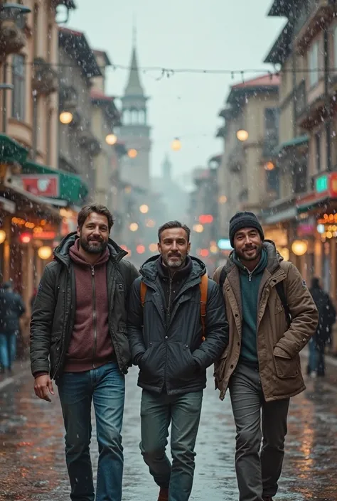 3 friends visiting Turkey's Eskişehir, 2 Turks, one looks Russian, three men and the weather is a bit bad
