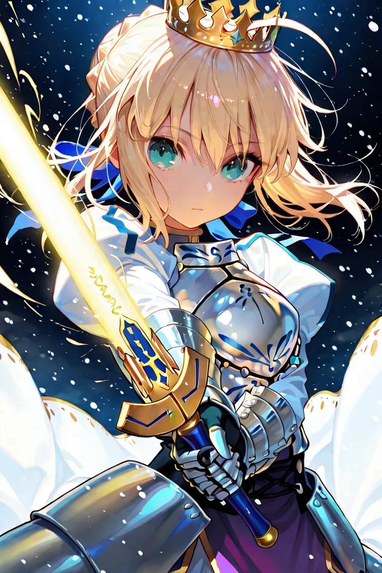 masterpiece,amazing quality,best quality,ultra-detailed,8k,illustration,CG,　 1girl , Please tell me about 1 beautiful girl ,Saber by Fate, expressionless, pattern  , Snow is falling, night city,muffler, gloves, beautiful illuminations , light blue diffused...