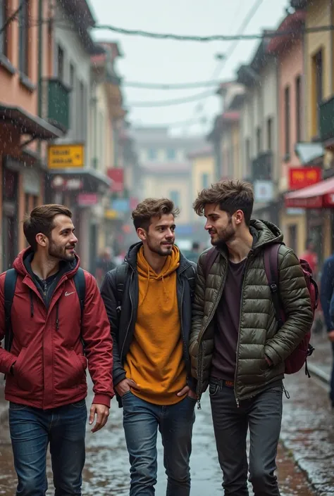 3 friends visiting Turkey's Eskişehir, 2 turks, one looks Russian, three men and the weather is a bit bad ages 18
