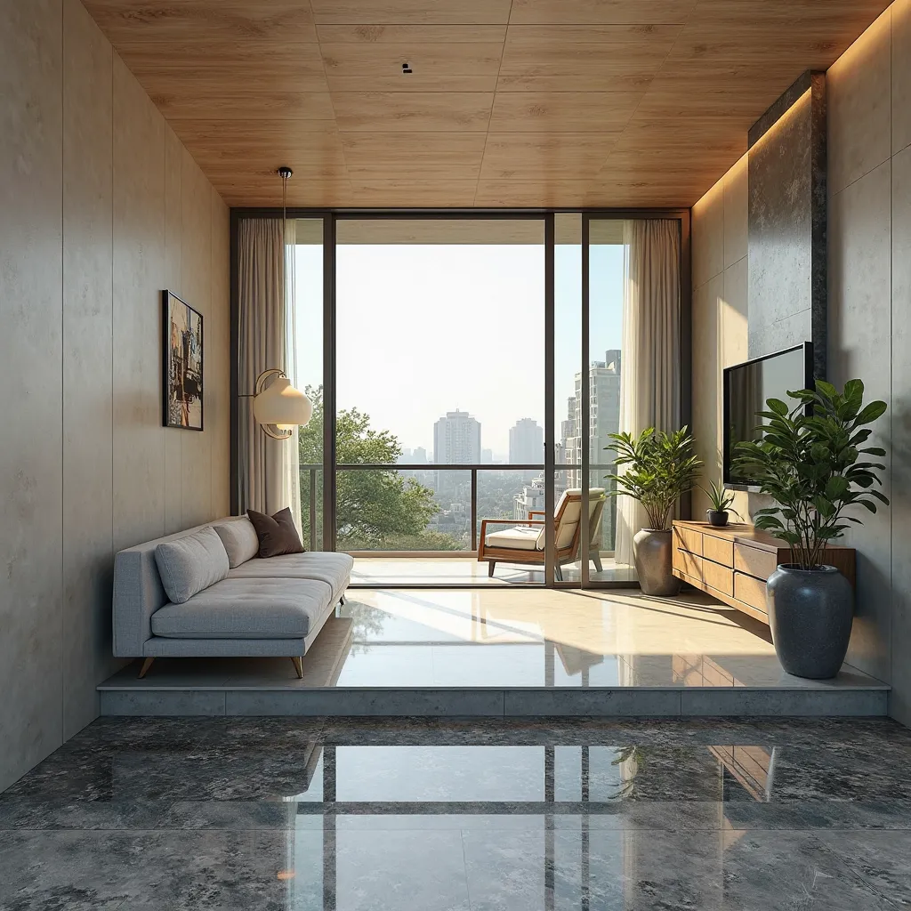 Oblique side sunlight effect、modern duplex high-rise large flat、 The entrance to the house is on the side of the balcony、balcony glass、 entrance of the current gatehouse、simple style、Positive effects、Light-colored glossy wall tiles、Light-colored wood grain...