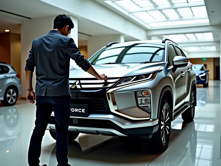 A medium shot captures an Asian man in casual attire from behind, closely touching the front right wheel of the All-New Mitsubishi XFORCE HEV. The car is beautifully showcased at a 45-degree angle inside the hall.