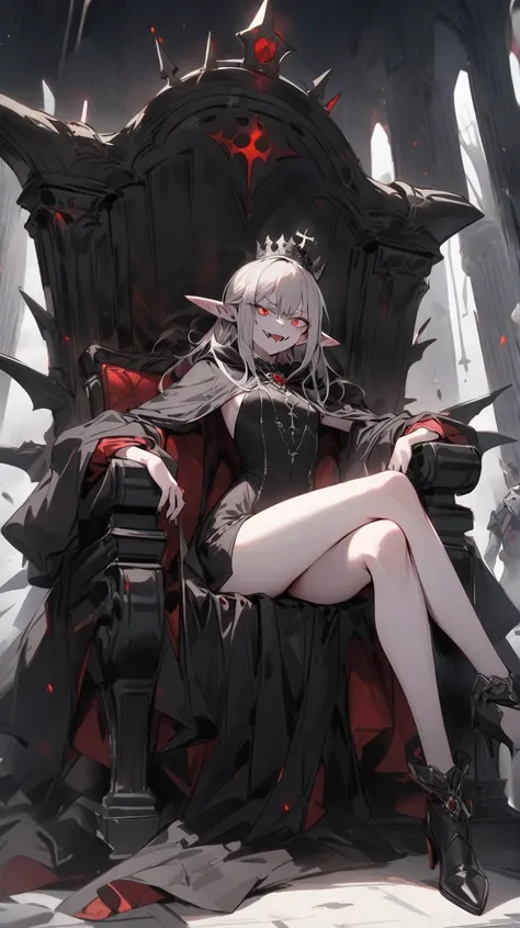 ((Best masterpiece, Perfect quality, Ultra detailed)), A vampire girl with small breasts, With skinny body, Morbid pale skin, Pointed ears, Bloody fangs, Silver hair, Glowing red eyes, Putting on a back robe, Iron crown, Holding a magical tome, Sitting on ...