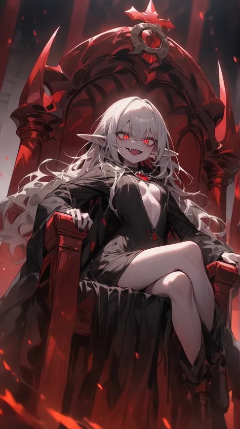 ((Best masterpiece, Perfect quality, Ultra detailed)), A vampire girl with small breasts, With skinny body, Morbid pale skin, Pointed ears, Bloody fangs, Silver hair, Glowing red eyes, Putting on a back robe, Iron crown, Holding a magical tome, Sitting on ...