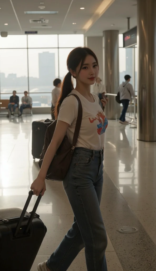 a middle profile shot of a Japanese girl happily pulling luggage on back , Unwilling to look at the camera, (smiling:1.5), and walking in a grand airport terminal, movie grading,  bright and pale blues color casual wear, lively, dramatic, ( Movie light , d...