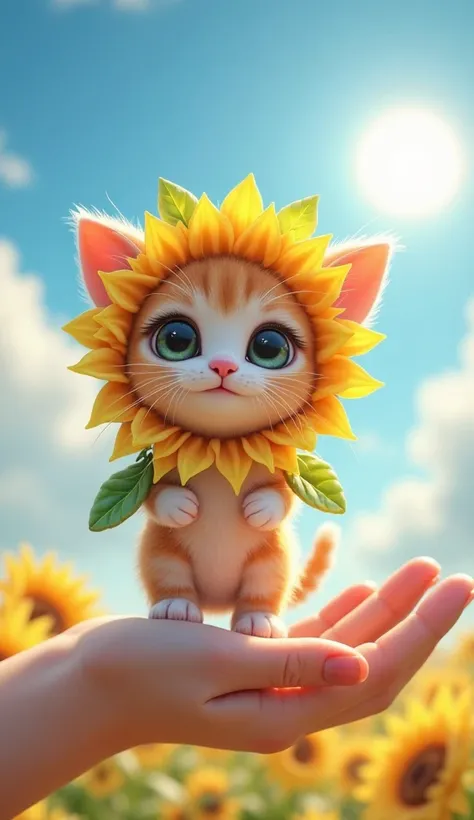  cute kitten、stands upright on two legs、 round eyes、on your arm、rainbow-colored sunflower costumes on their backs、kitten、The sun shines in a beautiful blue sky々It is shining、3d. 8k、animation
