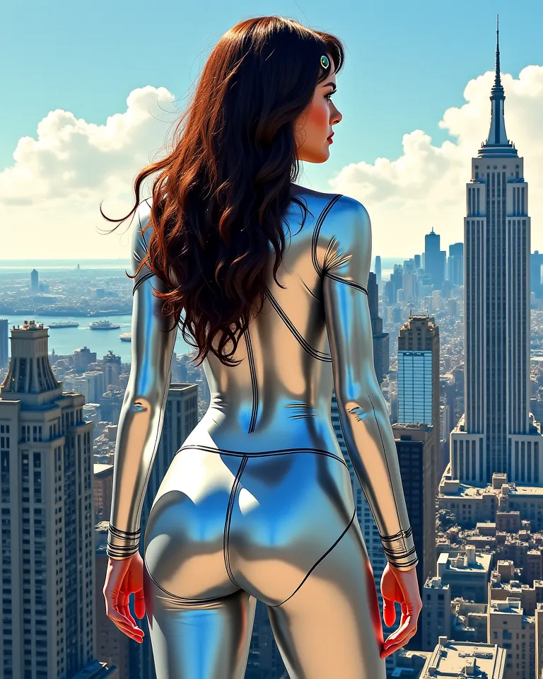 handpainting comic, backside view, a woman, dark brown hair, full silver bodysuit standing on rooftop in new york, daylight