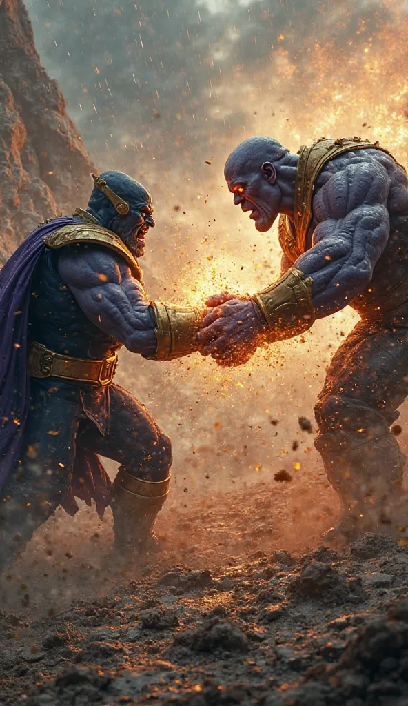 Epic battle scene, Darkseid and Thanos engaged in a brutal, earth-shaking clash, fists colliding with cosmic force, eyes glowing with raw energy, intense and emotional, dynamic composition, dramatic rain and dust swirling through the air, warm and dark ton...