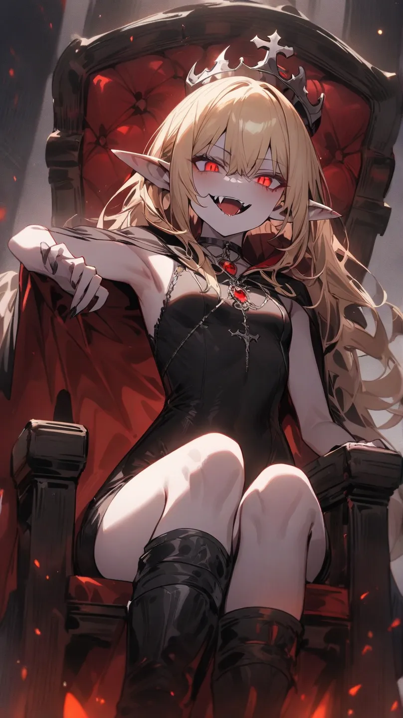 ((Best masterpiece, Perfect quality, Ultra detailed)), A vampire girl with small breasts, With skinny body, Morbid pale skin, Pointed ears, Bloody fangs, Blonde, Glowing red eyes, Putting on a back cloak, Iron crown, Holding a sharp blade, Sitting on the t...